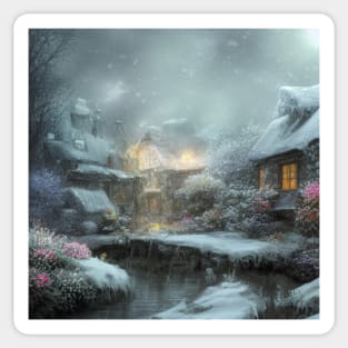 Magical Fantasy House with Lights in a Snowy Scene, Fantasy Cottagecore artwork Sticker